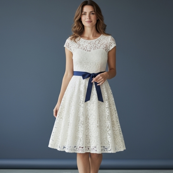 ivory lace dress tulle lined coquette ribbon belt fit & flare Party dress sz 14 - Picture 1 of 8